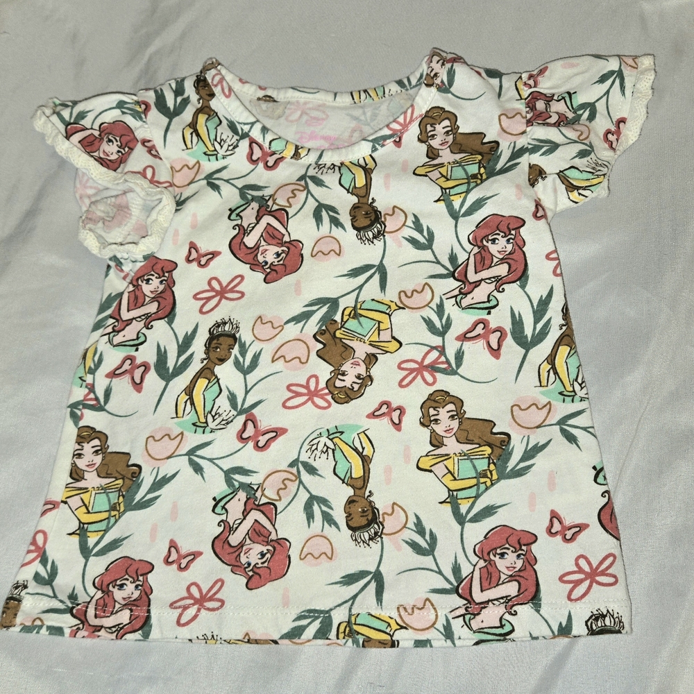Disney Girls Princess Ariel, Tiana And Belle Short Sleeve Tee With Lace Trim 3t